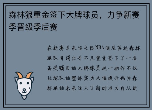 森林狼重金签下大牌球员，力争新赛季晋级季后赛