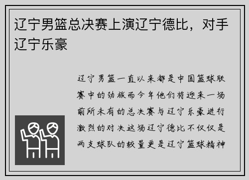 辽宁男篮总决赛上演辽宁德比，对手辽宁乐豪